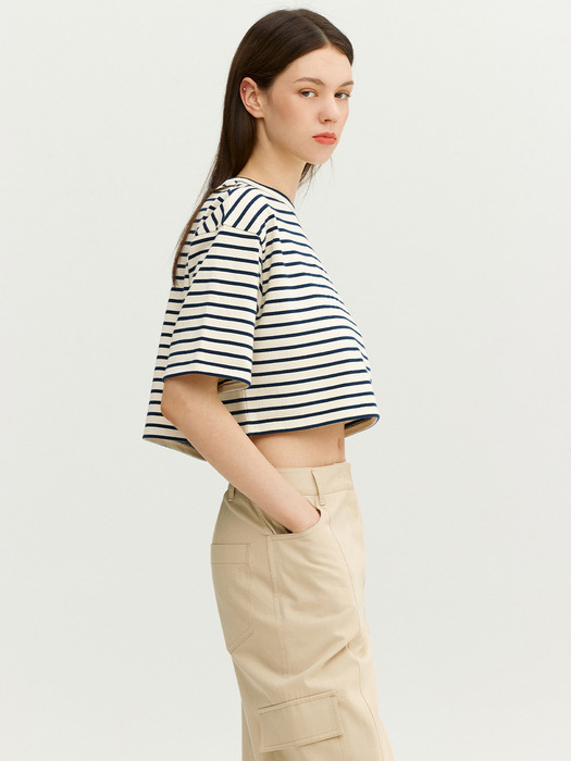 VECCHIO Stripe crop T-shirt (Navy stripe/Light green stripe)