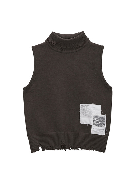 DAMAGE SLEEVELESS TURTLE NECK KNIT TOP IN BROWN