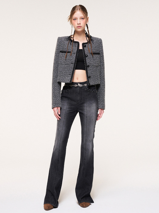 Round Trimmed Tweed Jacket, Charcoal Grey