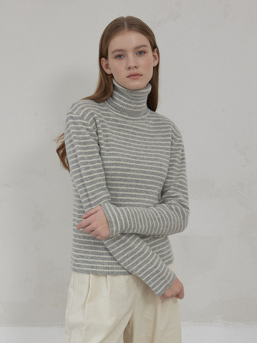 Cashmere Stripe Turtleneck Knit - Grey