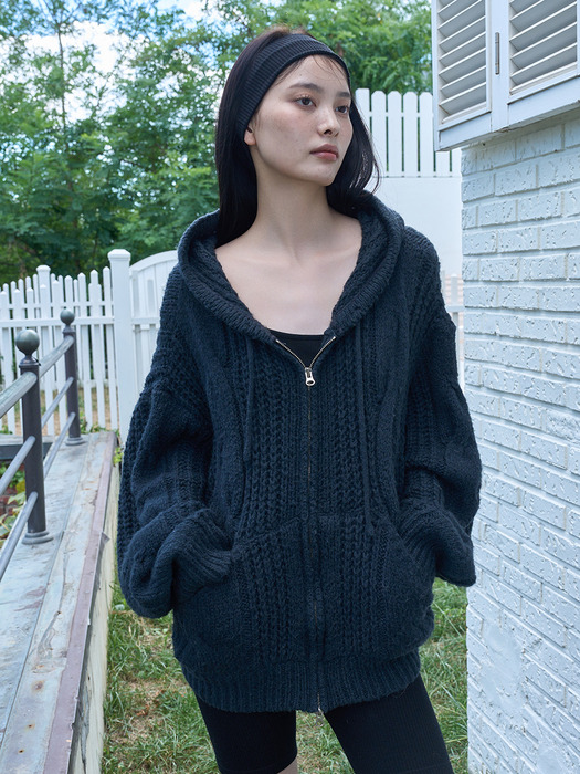 [9차 리오더] CABLE KNIT HOOD ZIP-UP-NAVY