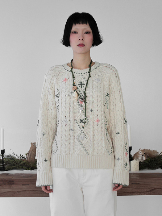 Vintage Cable Knit Flower Stitched by Hand_IVORY