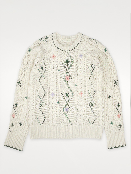 Vintage Cable Knit Flower Stitched by Hand_IVORY