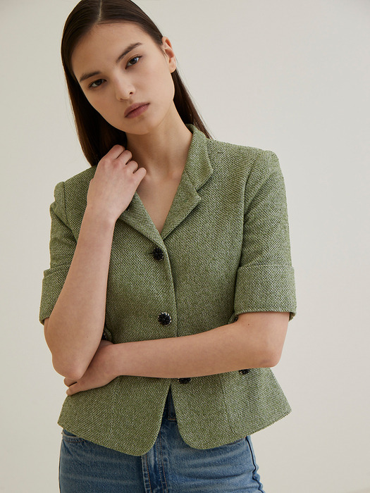 Half Sleeve Tweed Jacket- Green