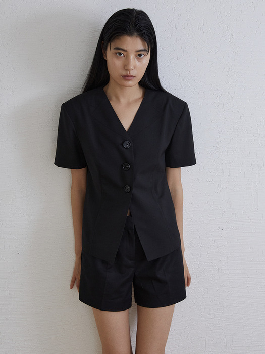 Collarless Summer Wool Jacket_BLACK