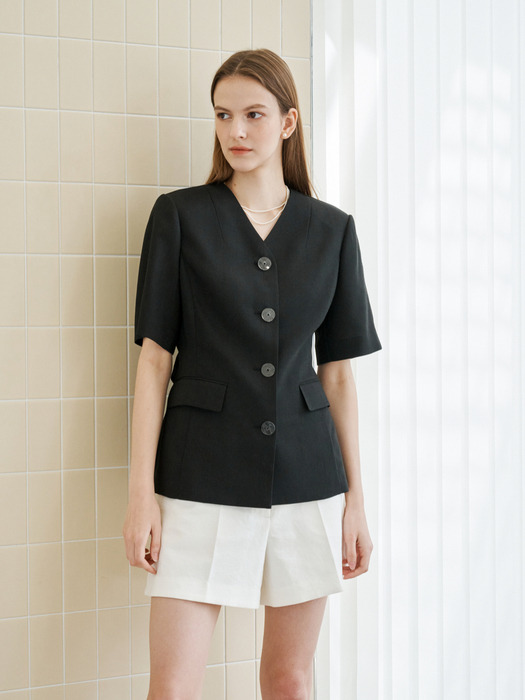 Collarless V-Neck Summer Jacket (Black)