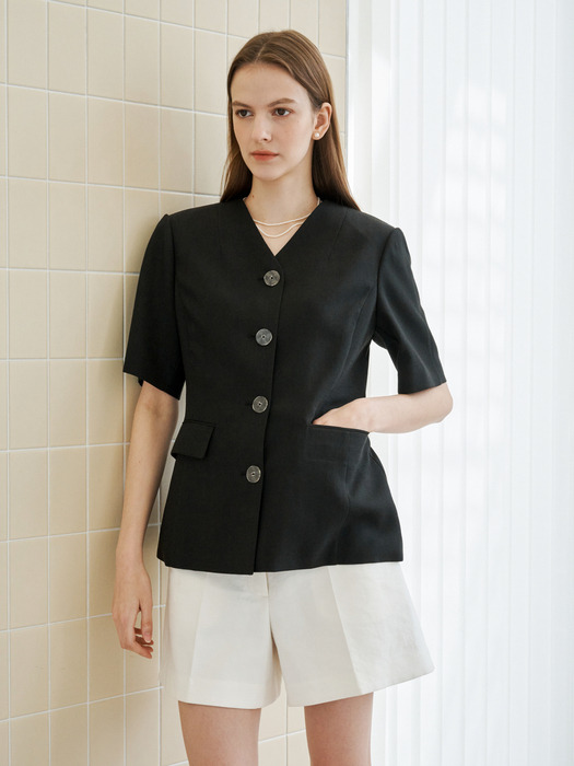 Collarless V-Neck Summer Jacket (Black)