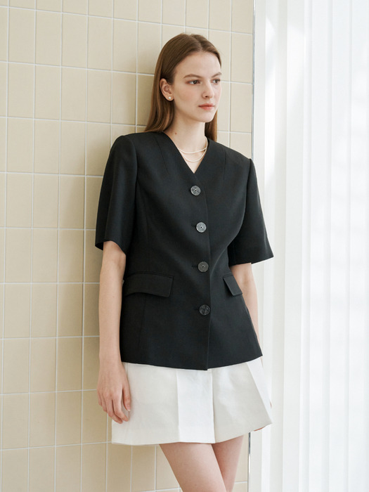 Collarless V-Neck Summer Jacket (Black)