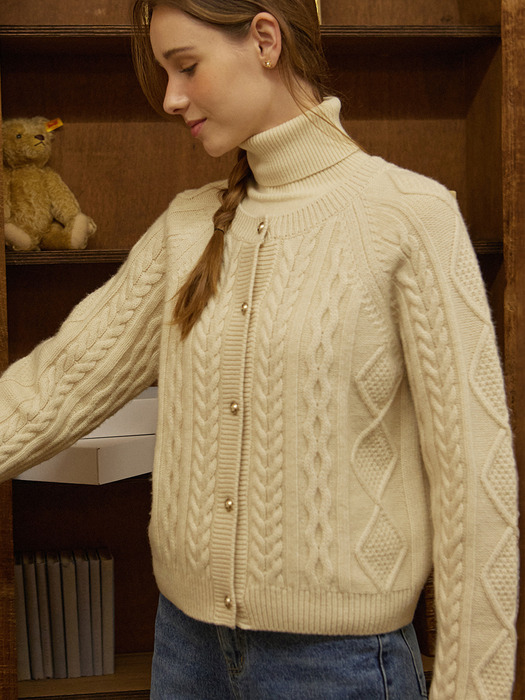 Gold Button Cable Wool Knit Cardigan - Cream