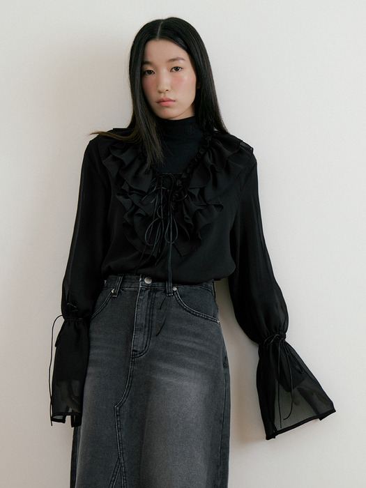 Bohemian Frill Chiffon Blouse (black)