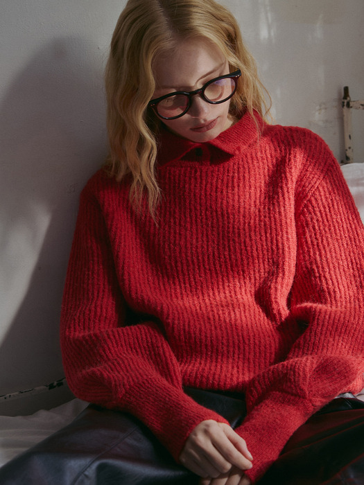 alpaca button puff wool pullover-red