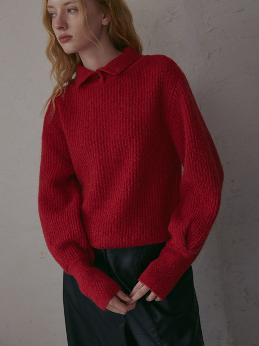 alpaca button puff wool pullover-red