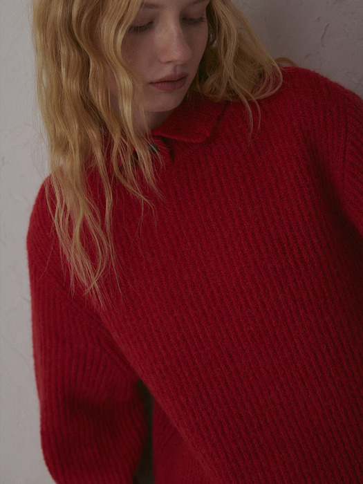 alpaca button puff wool pullover-red