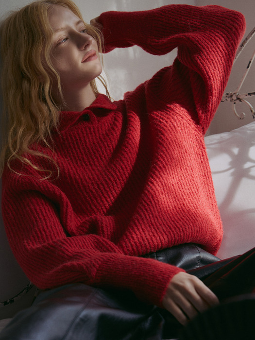 alpaca button puff wool pullover-red