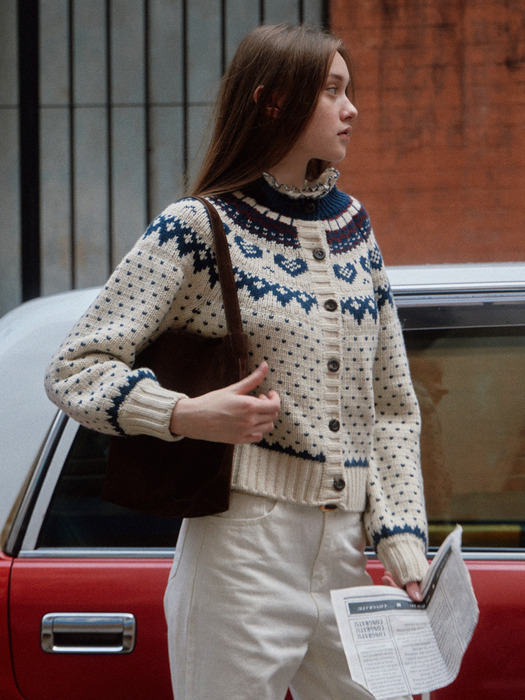 Nordic Neck Frill Knit Cardigan - Ivory & Navy