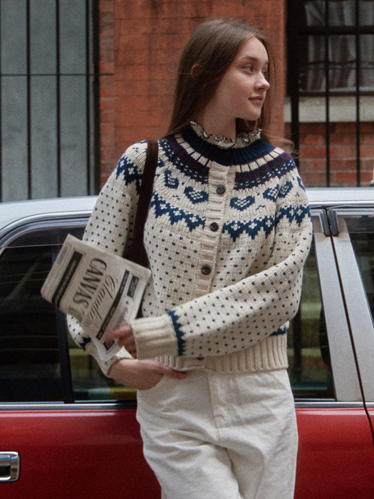 Nordic Neck Frill Knit Cardigan - Ivory & Navy