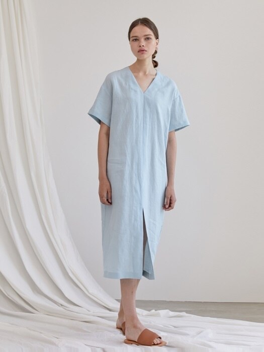 V-NECK LINEN DRESS_LIGHT BLUE	