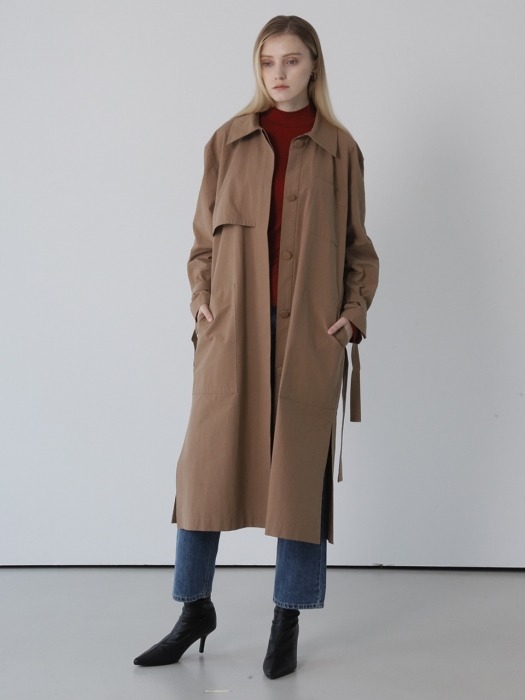 HIDDEN-BUTTONS TRENCH COAT BROWN