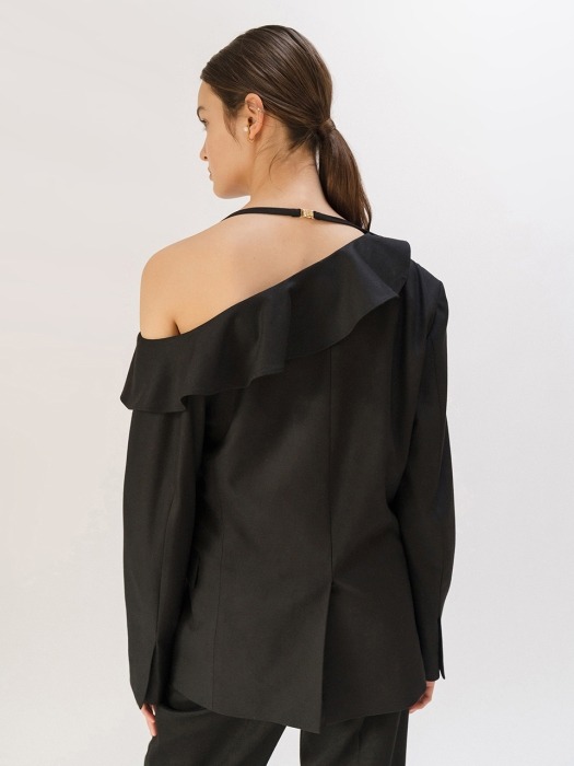 ASYMMETRIC RUFFLE-TRIMMED JACKET (BLACK)