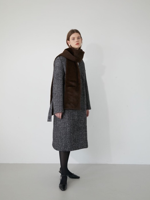 19 WINTER_ D/GREY HERRINGBONE NO COLLAR LONG COAT