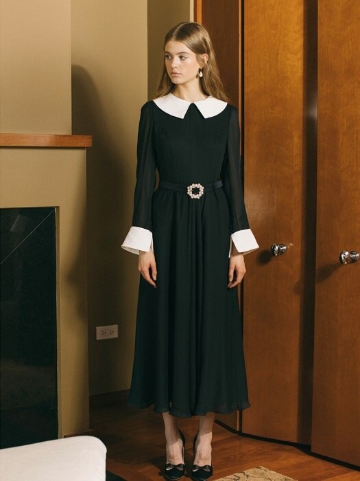 [미전시]ESTHER Contrast trim cuff-sleeve dress (Black & White)