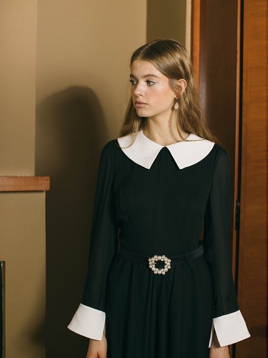 [미전시]ESTHER Contrast trim cuff-sleeve dress (Black & White)
