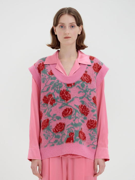 QQ Floral Patterned Oversized Knit Vest - Pink Multi