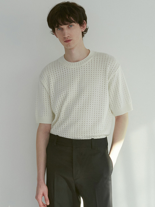 [Men] Textured Short Sleeve Sweater (Ivory)