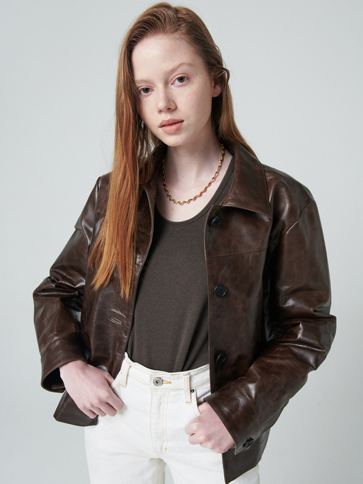 Bari Crop Leather Jacket (Brown)