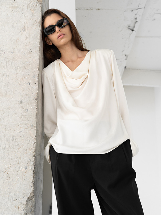 POWER SHOULDER COWL-NECK BLOUSE (OFF WHITE)