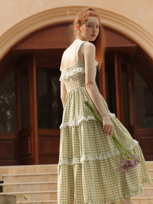 Gingham check lace tiered dress
