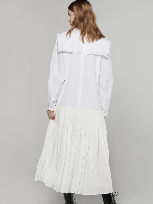 Double collar pleated dress - White