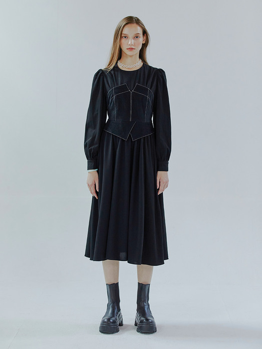 Vest Stitch Detail Dress, Black