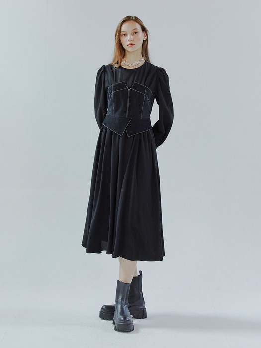 Vest Stitch Detail Dress, Black