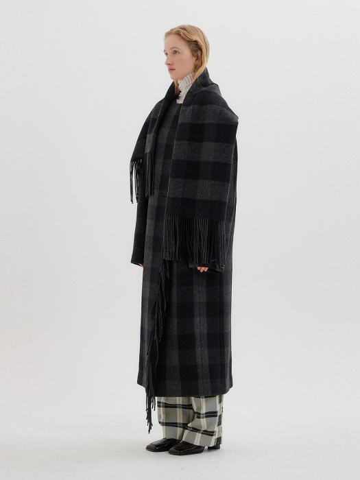 TERESA Long Fringe Check Coat with muffler - Dark Grey Check