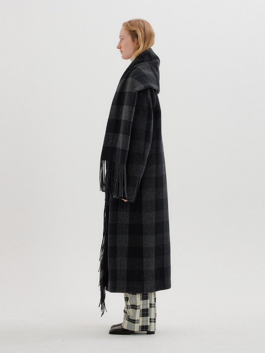 TERESA Long Fringe Check Coat with muffler - Dark Grey Check