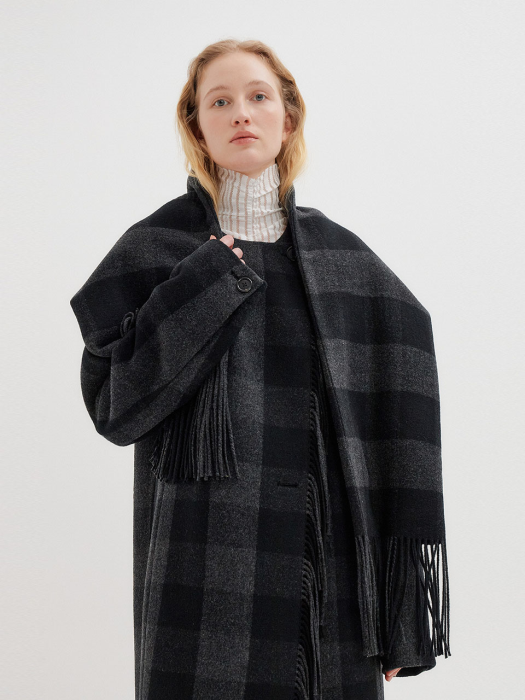 TERESA Long Fringe Check Coat with muffler - Dark Grey Check