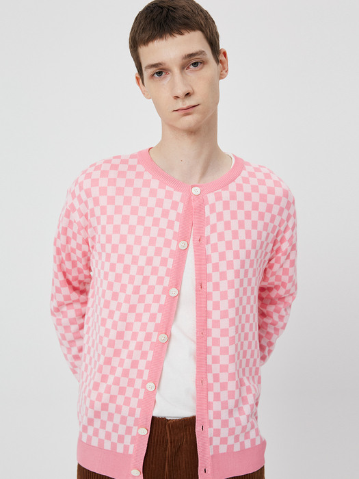 UNISEX, Checkerboard Viscos Cardigan / Pink