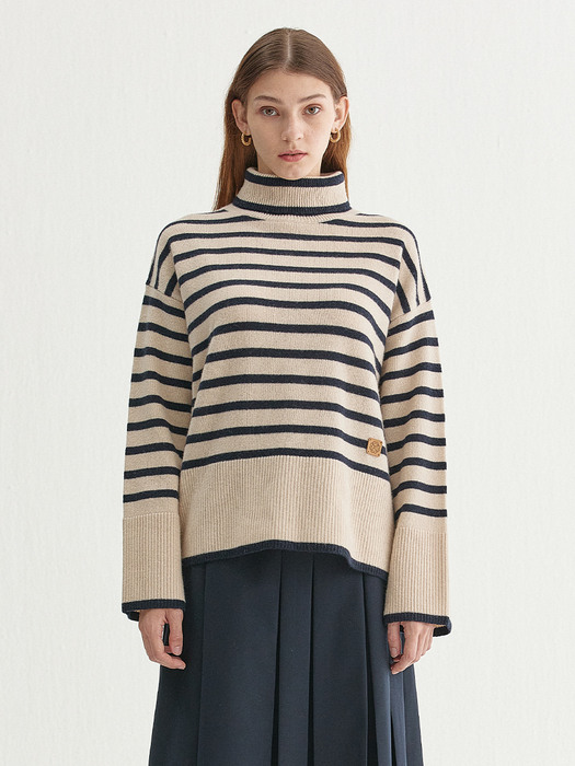 ECO WOOL LOOSE-FIT STRIPE TURTLE PULLOVER LIGHT BEIGE (AESW1F003I1)