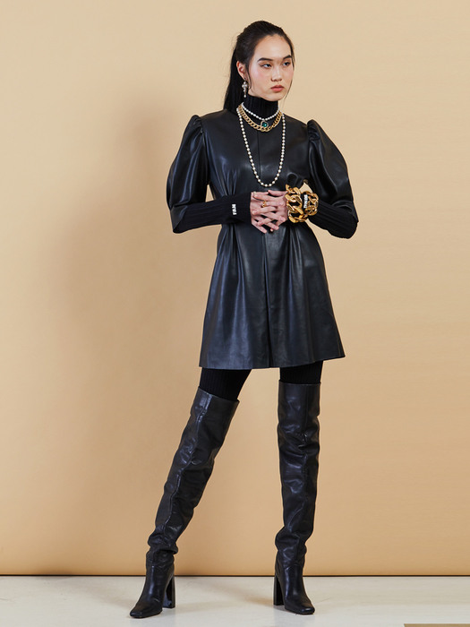 FAN YOUNG Eco-leather puff sleeve mini-dress