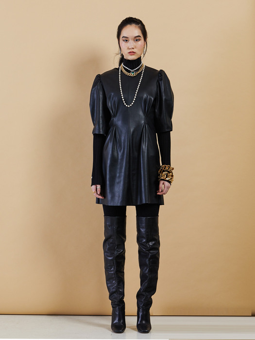 FAN YOUNG Eco-leather puff sleeve mini-dress