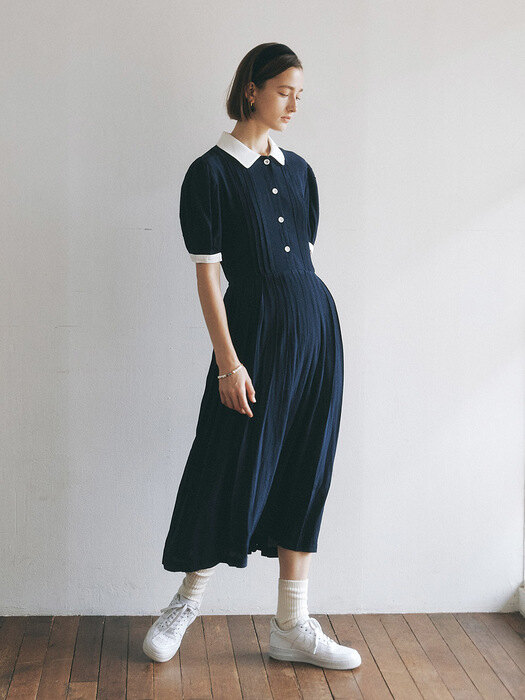 COLLAR CHIFFON PLEATS DRESS_NAVY (EEOP2OPR03W)