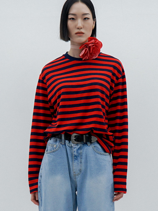 Breton Striped Slub Long-Sleeved Linen T-shirt[Red(UNISEX)]_UTT-ST92