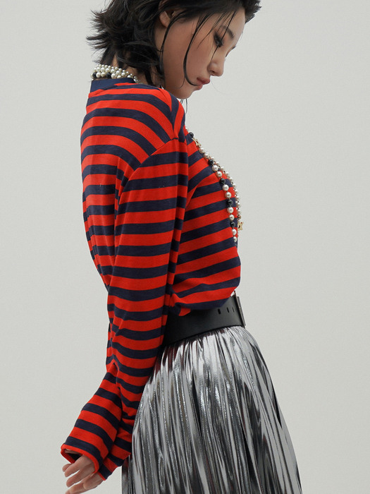 Breton Striped Slub Long-Sleeved Linen T-shirt[Red(UNISEX)]_UTT-ST92
