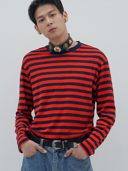 Breton Striped Slub Long-Sleeved Linen T-shirt[Red(UNISEX)]_UTT-ST92