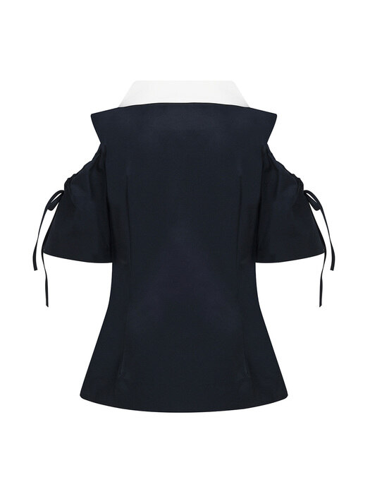 Navy Shirring Off-Shoulder Blouse