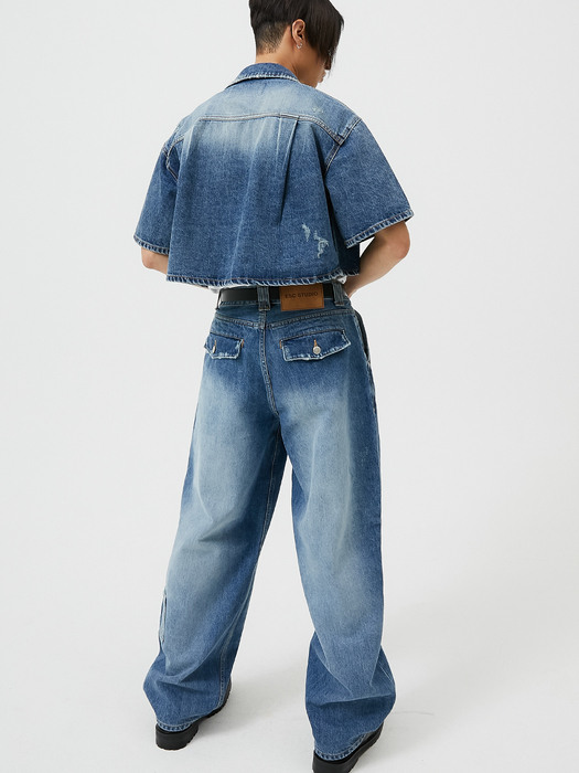 (size:2) washing denim pocket pants (blue)