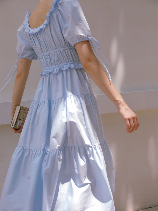 Drop cotton blue gather dress