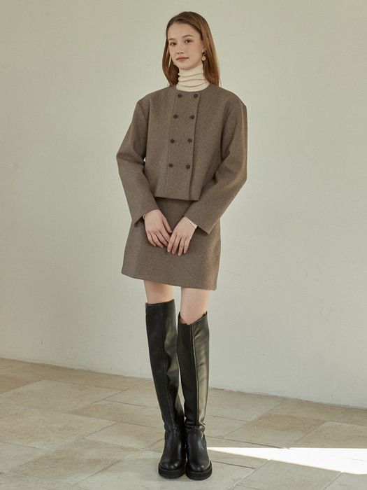 j1070 (SET) wool double jacket+wool mini skirt (gray brown)