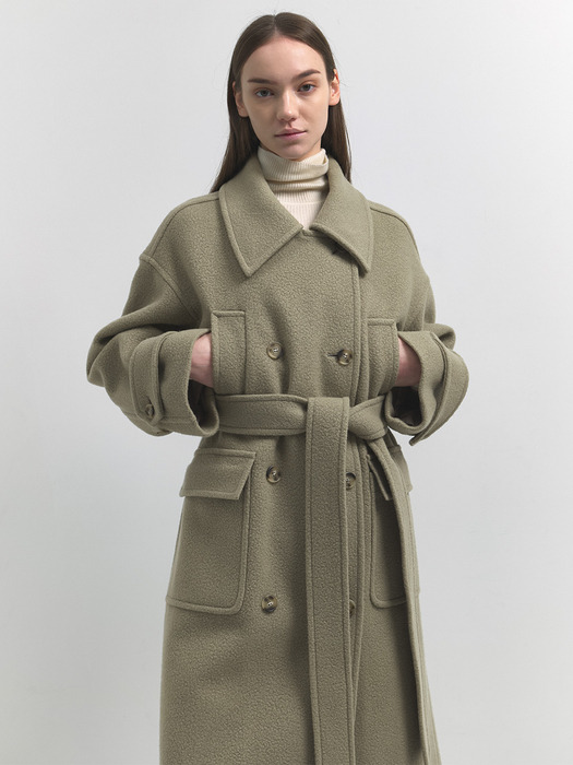 Boucle wool overfit double coat - Light Khaki